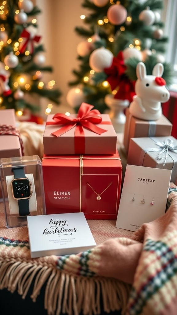 A collection of thoughtful Christmas gifts including a smartwatch, subscription box, and personalized jewelry, surrounded by holiday decorations.